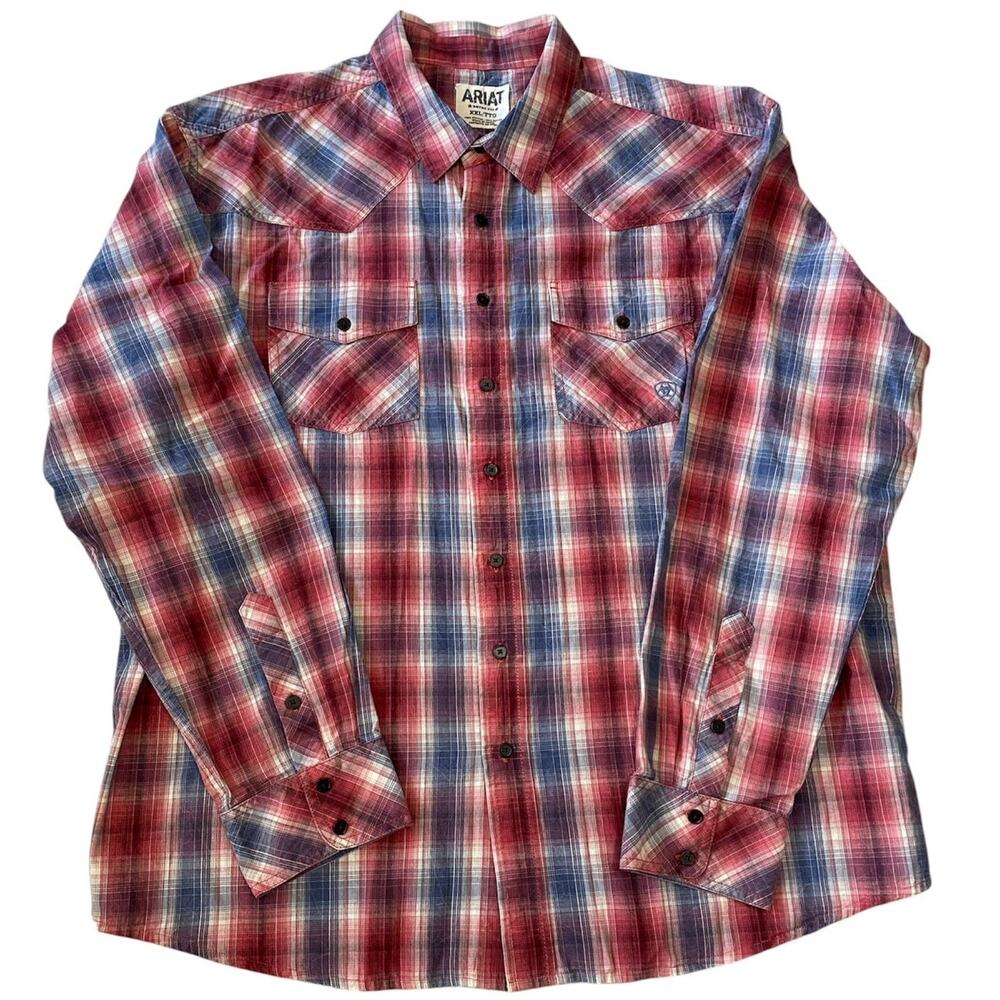 Ariat Retro Fit Men XXL Western Button-Down Shirt Red Blue Plaid Long sleeve